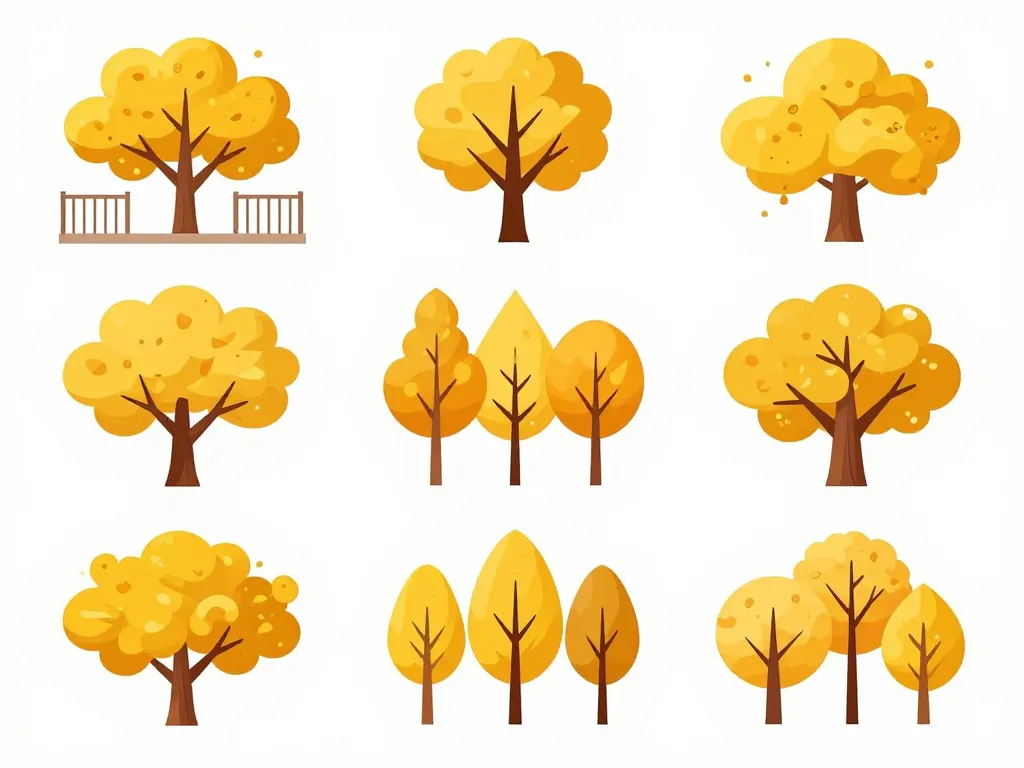 Illustration arbres feuillage jaune automne dans petits et grands jardins