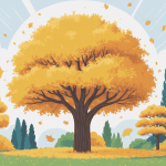 Illustration arbre feuillage jaune automne dans jardin éclairé