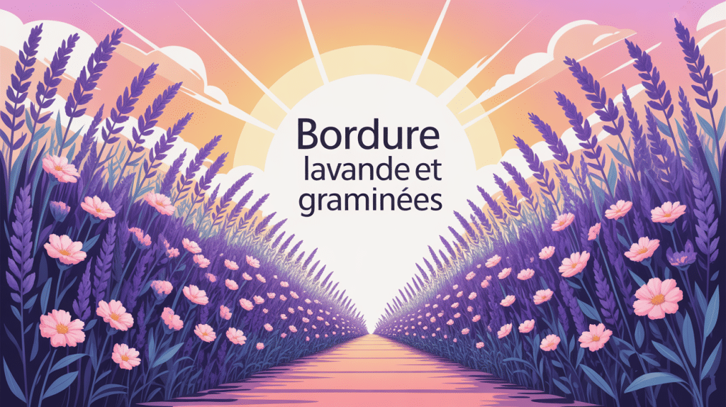 bordure lavande et graminées le long d'une allée