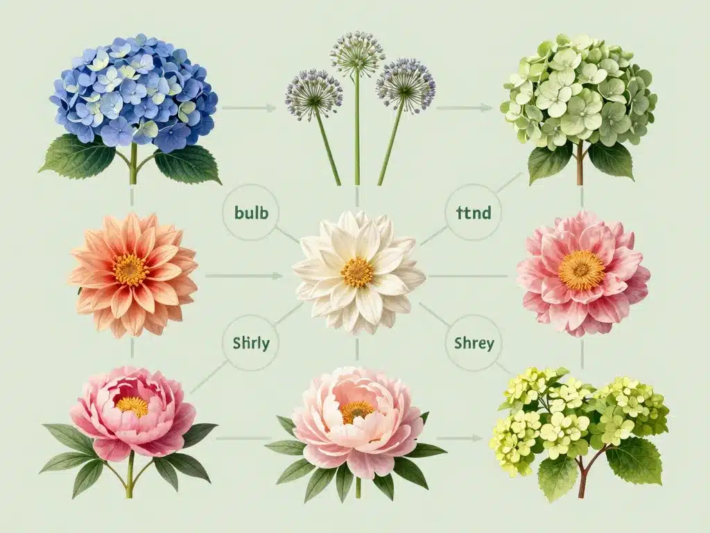 variétés fleurs grosse boule hydrangea dahlia allium