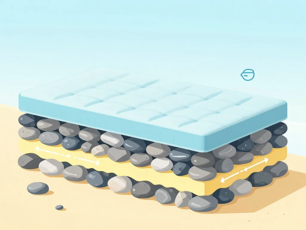 coupe montrant l’épaisseur et la densité d’un matelas de plage pour galets