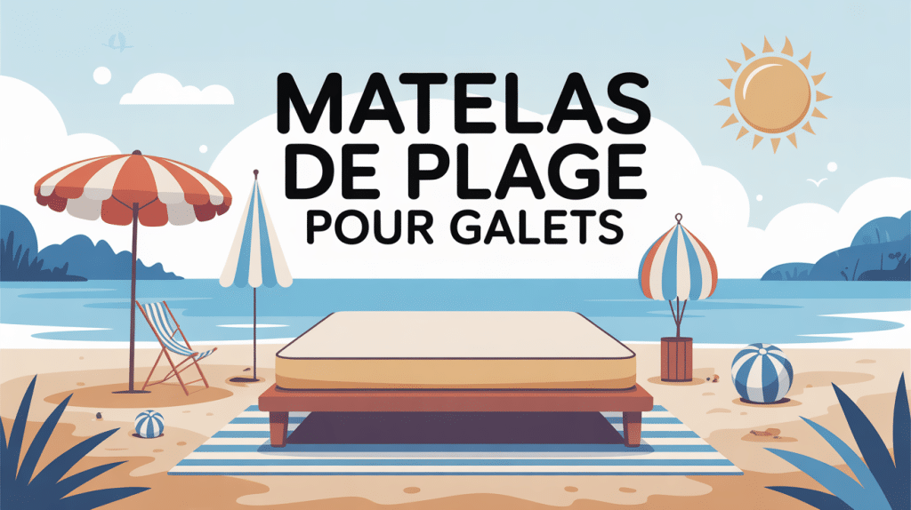 matelas de plage pour galets posé sur une plage de galets avec mer en arrière-plan