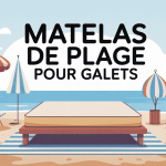 matelas de plage pour galets posé sur une plage de galets avec mer en arrière-plan
