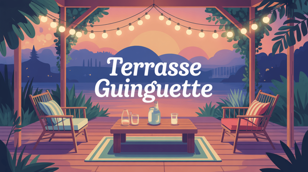 Terrasse guinguette festive sous guirlandes lumineuses en soirée