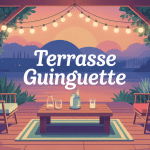 Terrasse guinguette festive sous guirlandes lumineuses en soirée