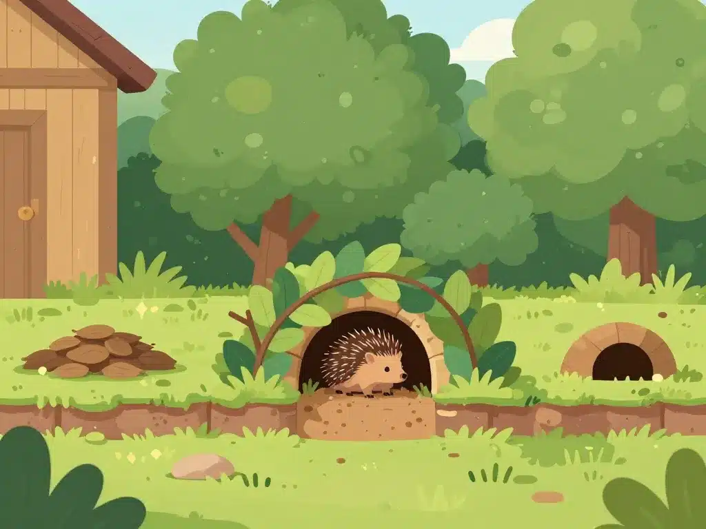 vue coupe d’un trou de hérisson dans le jardin sous les feuilles