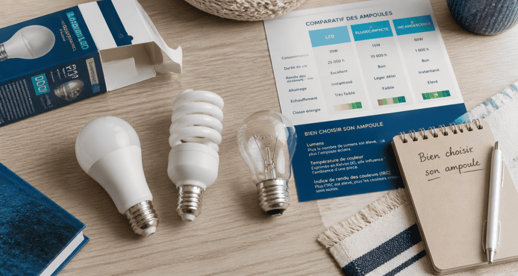 Ampoule economique LED fluocompacte et incandescente sur bureau
