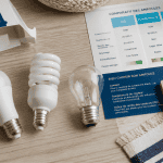 Ampoule economique LED fluocompacte et incandescente sur bureau