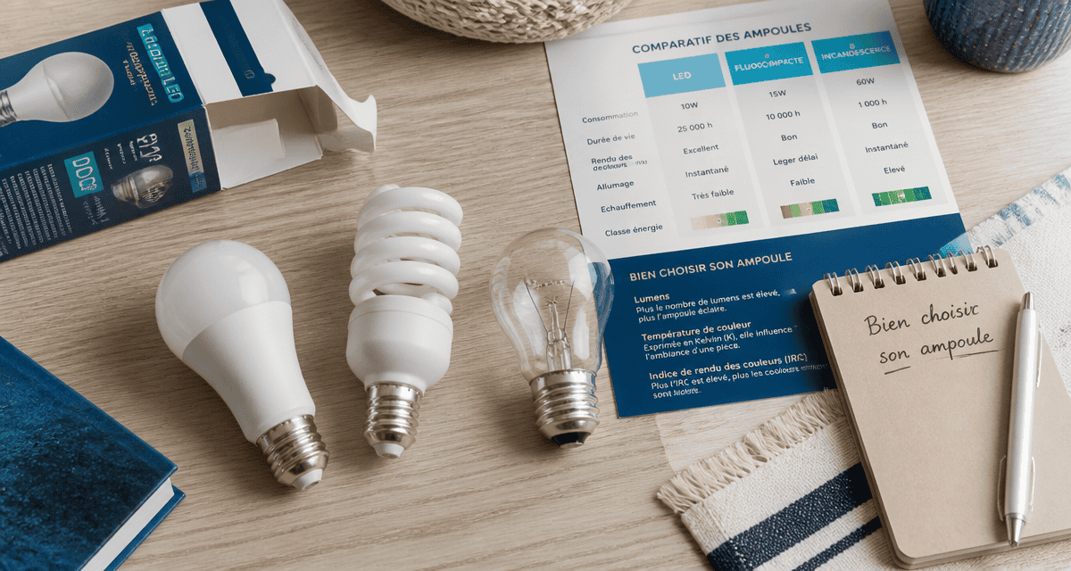 Ampoule economique LED fluocompacte et incandescente sur bureau
