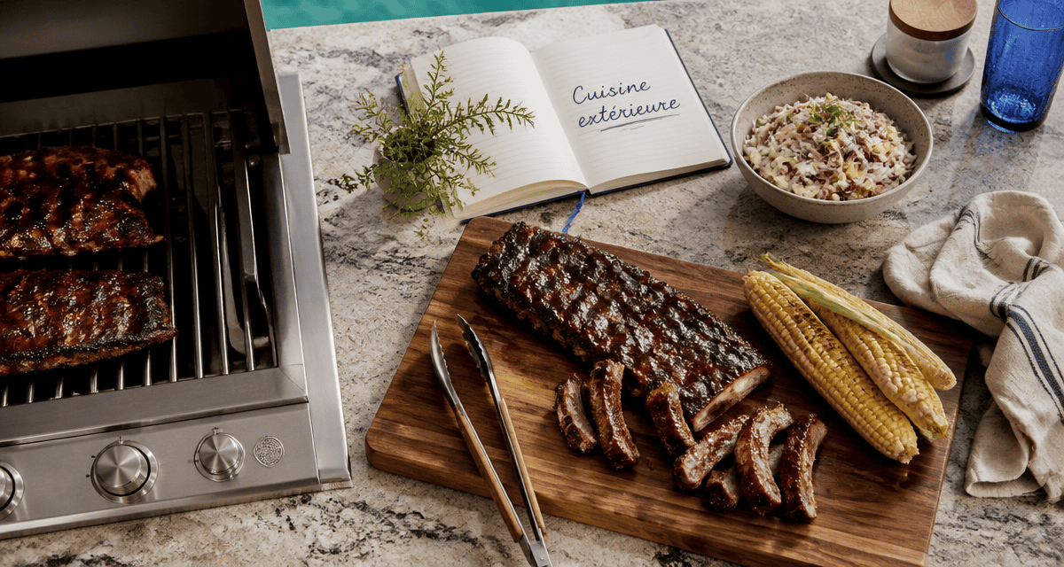 Barbecue cuisine extérieure sur plan de travail en pierre avec accessoires
