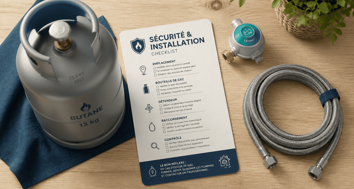 bouteille de gaz gris 13 kg sur table avec checklist