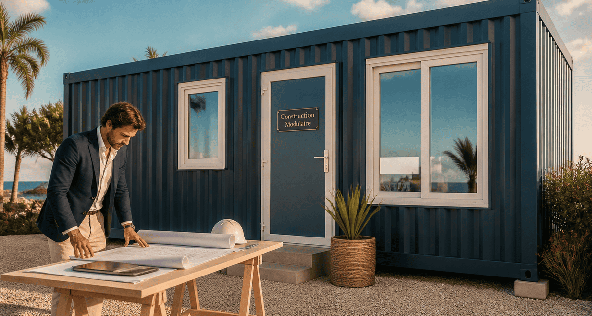 bungalow préfabriqué moderne avec homme sur terrain