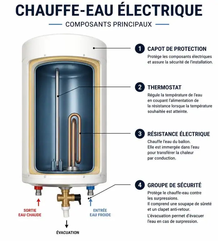 Schéma des composants d'un chauffe-eau électrique pour le diagnostic d'une panne d'eau chaude