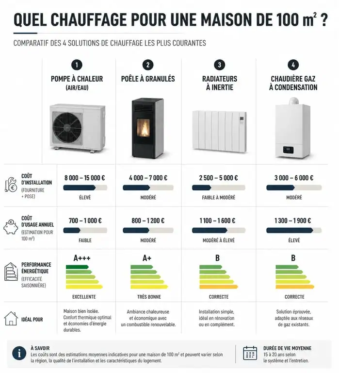 Comparatif des systèmes de chauffage pour une maison de 100m2 : coûts et performances