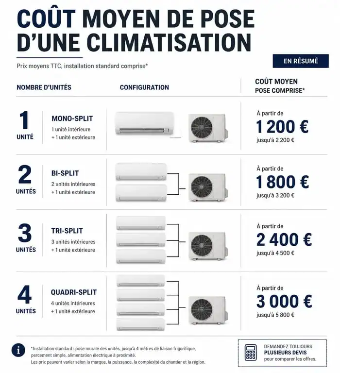 Infographie des prix moyens pour un devis de pose de climatisation selon le nombre d'unités intérieures