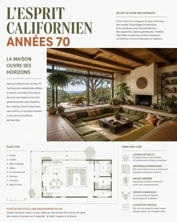 Salon de maison californienne des années 70 avec baies vitrées et décoration organique