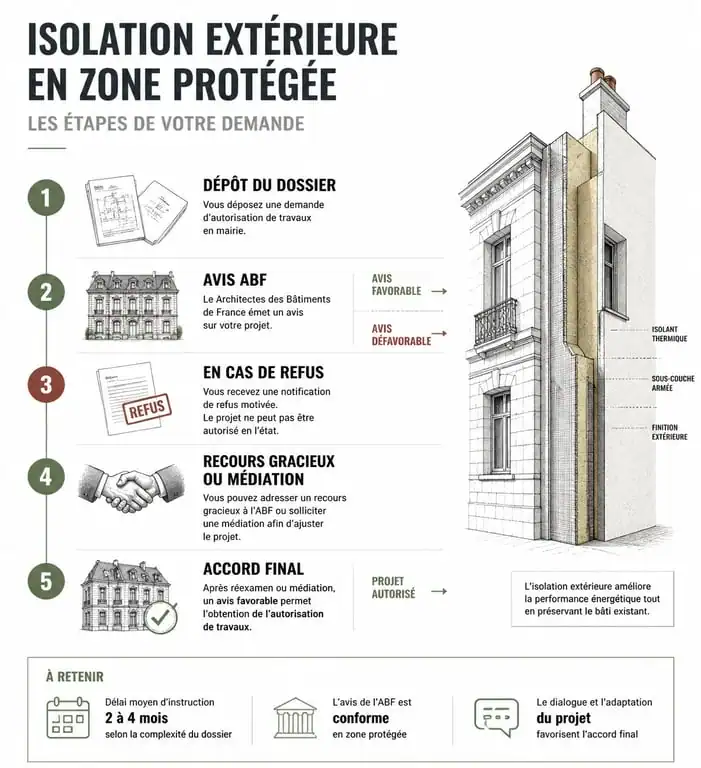 Processus de demande et recours pour une isolation extérieure en zone ABF