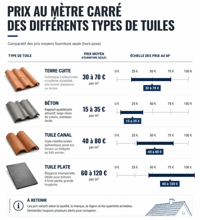 Comparatif des prix au m2 par type de tuile pour un projet de toiture
