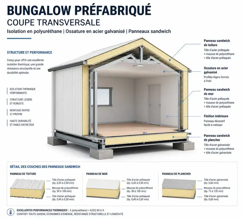 Schéma technique d'un bungalow préfabriqué montrant l'isolation et la structure