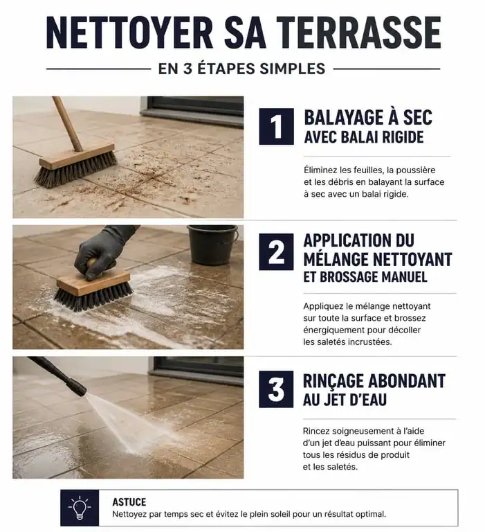 Infographie des étapes pour nettoyer une dalle de terrasse efficacement