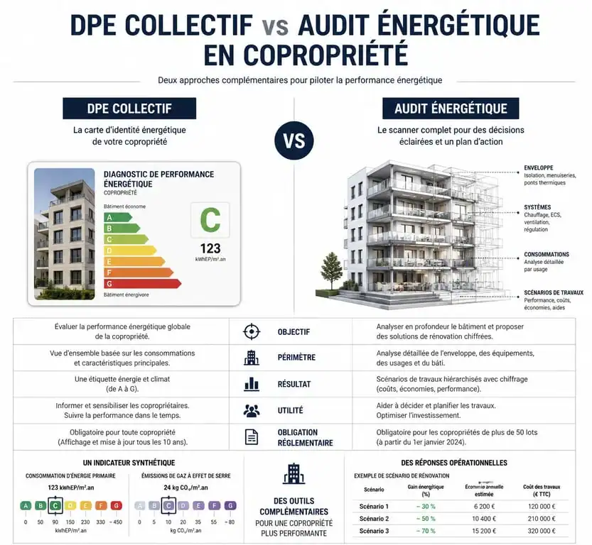 Comparatif entre DPE collectif et audit énergétique en copropriété pour comprendre les différences de performance thermique.