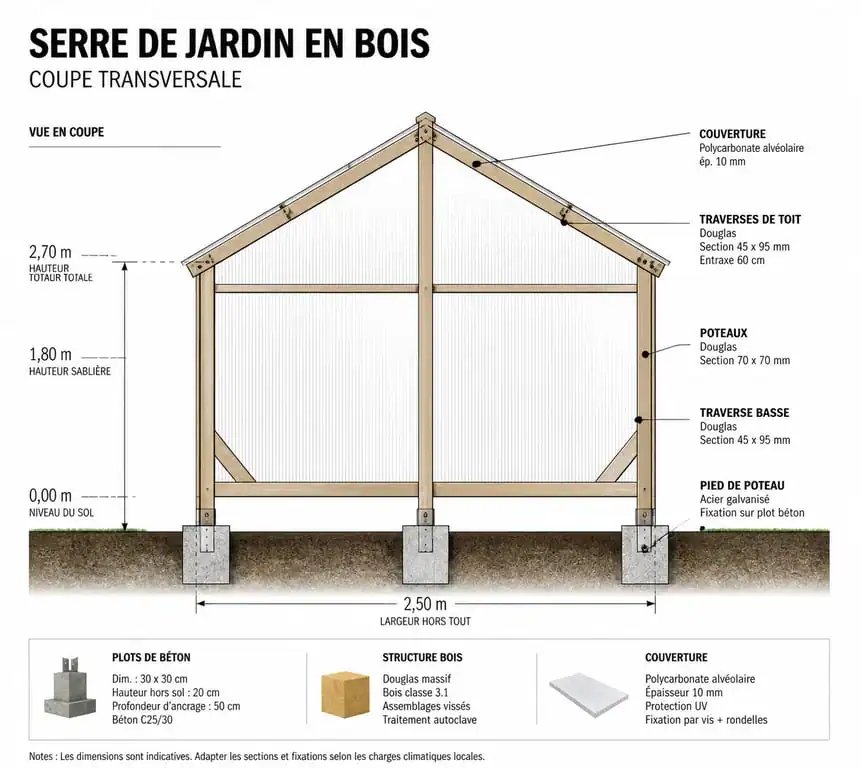 Schéma technique des étapes de construction d'une serre en bois pour le jardin