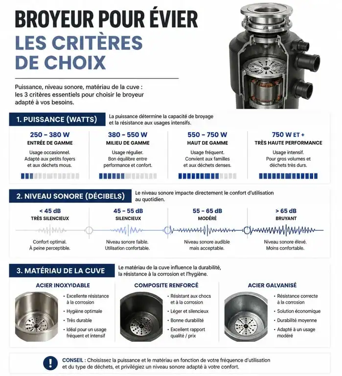 Infographie des critères de choix pour un broyeur pour évier : puissance, niveau sonore et matériaux.