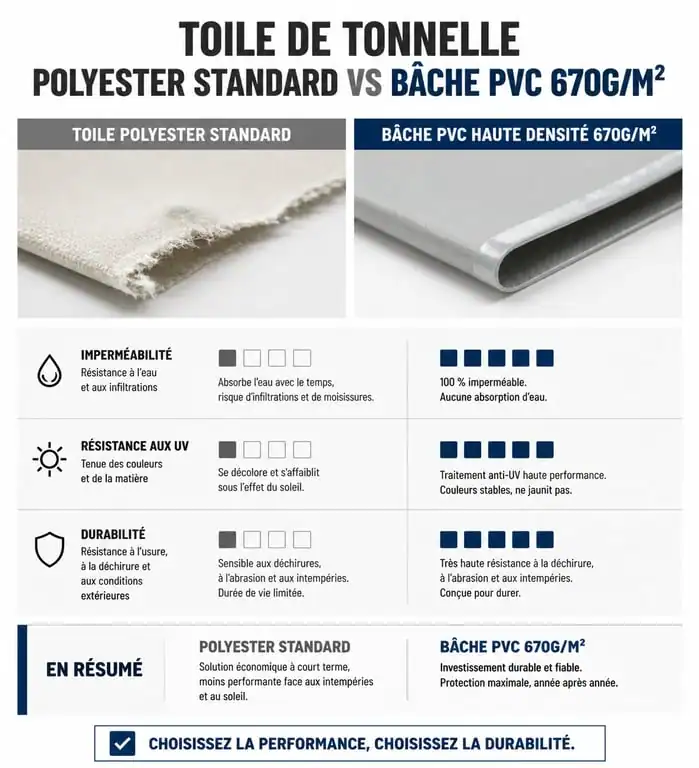 Comparatif des caractéristiques techniques entre une toile polyester standard et une bâche tonnelle en PVC haute densité pour une protection extérieure durable.