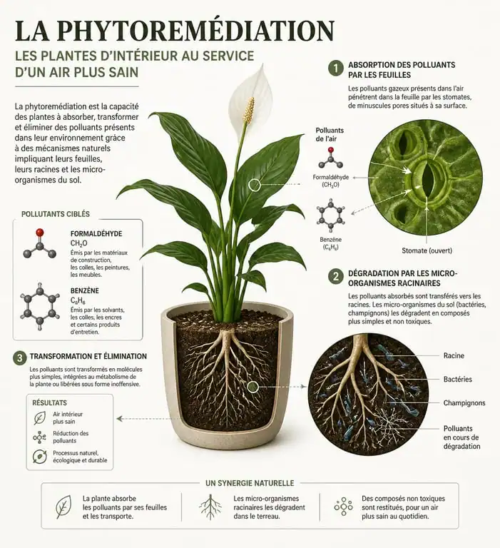 Infographie expliquant le fonctionnement des plantes d'intérieur dépolluantes et la phytoremédiation