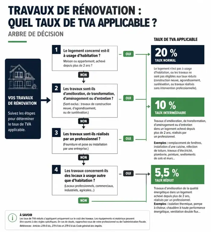 Infographie récapitulative pour déterminer le taux de TVA 10% ou 20% sur les travaux de rénovation