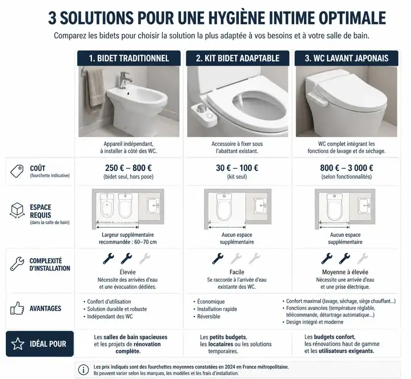 Comparatif des types de bidet : traditionnel, kit adaptable et WC japonais pour une hygiène optimale