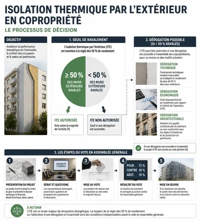 Infographie sur l'obligation d'isolation thermique par l'extérieur en copropriété et les seuils de ravalement