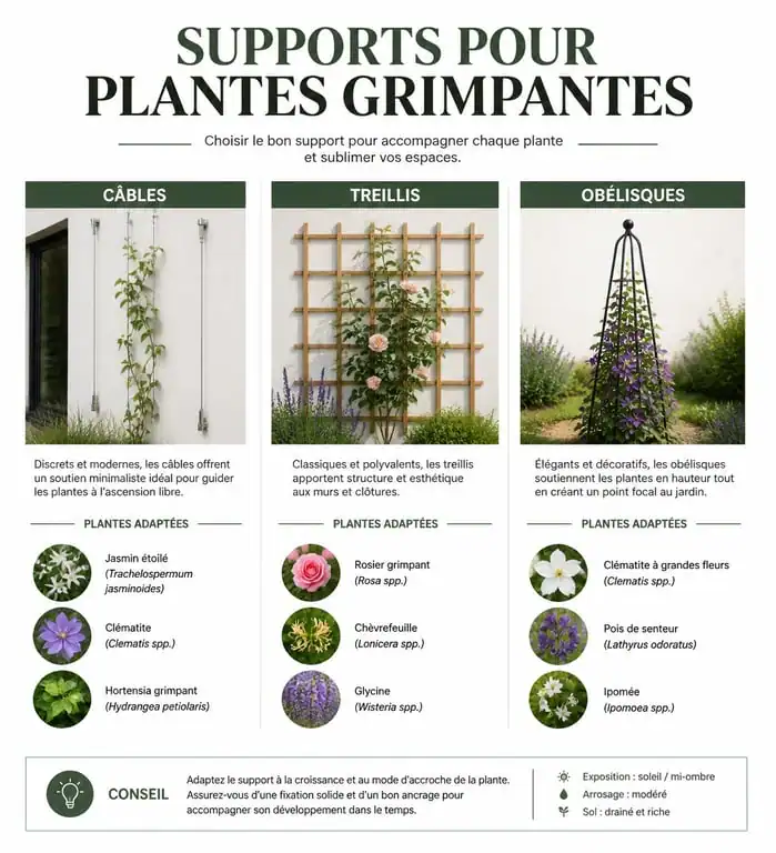 Infographie des différents supports pour plantes grimpantes : câbles, treillis et obélisques pour le jardin.