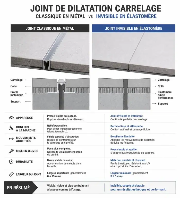 Comparatif visuel entre joint de dilatation carrelage classique et invisible