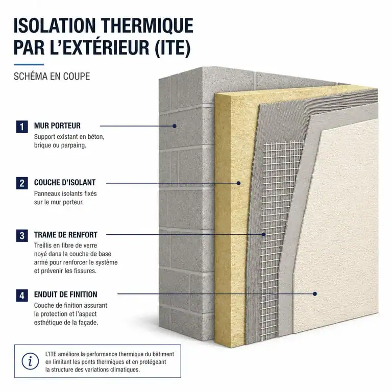 Schéma technique des couches d'une isolation thermique par l'extérieur (ITE) lors d'un ravalement de façade