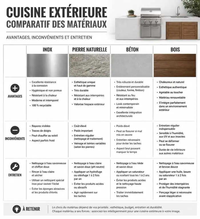 Comparatif des matériaux pour cuisine extérieure : inox, pierre, béton et bois