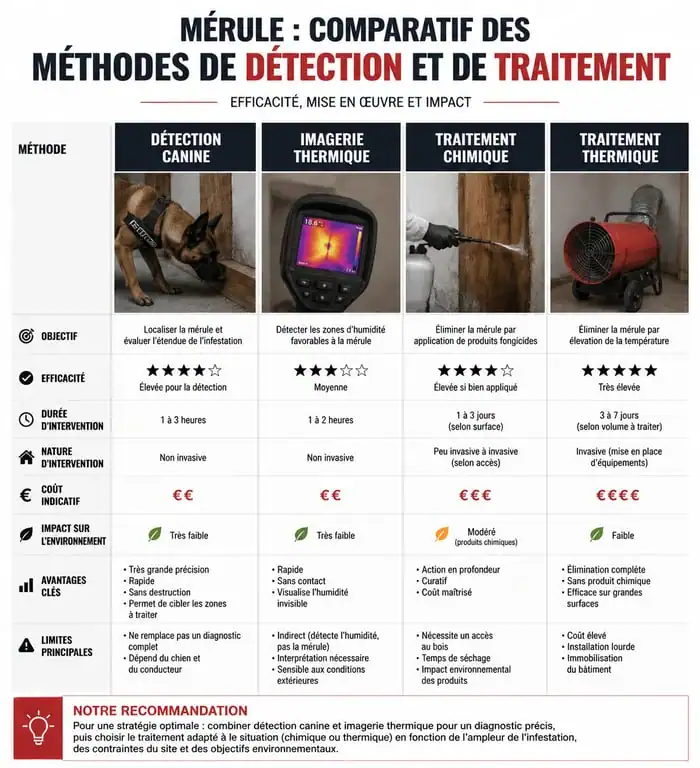 Infographie comparative des méthodes de détection et de traitement de la mérule à Loudéac