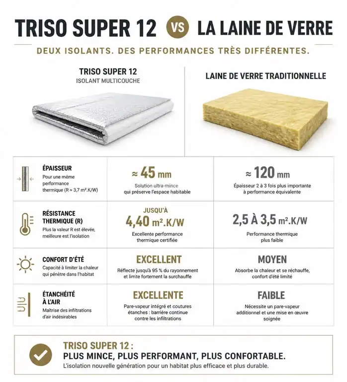 Comparatif technique isolant mince Triso Super 12 vs laine de verre pour toiture