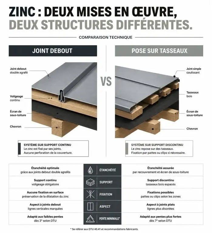 Comparaison technique entre joint debout et pose sur tasseaux pour une toiture en zinc