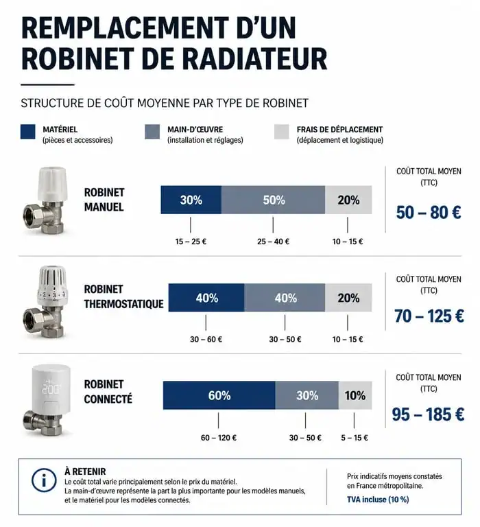 Infographie comparative des prix pour le changement d'un robinet de radiateur par un plombier