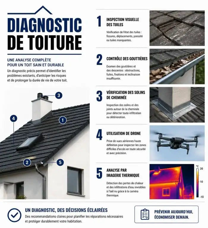 Schéma des points de contrôle d'un diagnostic de toiture professionnel