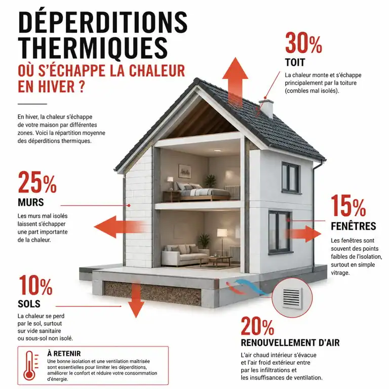 Schéma des déperditions thermiques d'une maison pour comprendre comment chauffer une maison sans chauffage