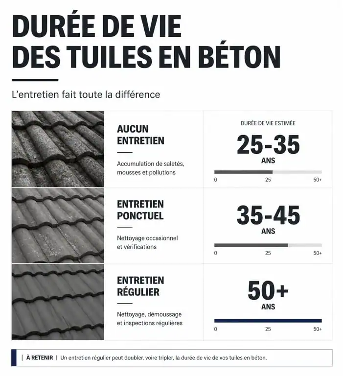 Infographie durée de vie tuile béton selon entretien