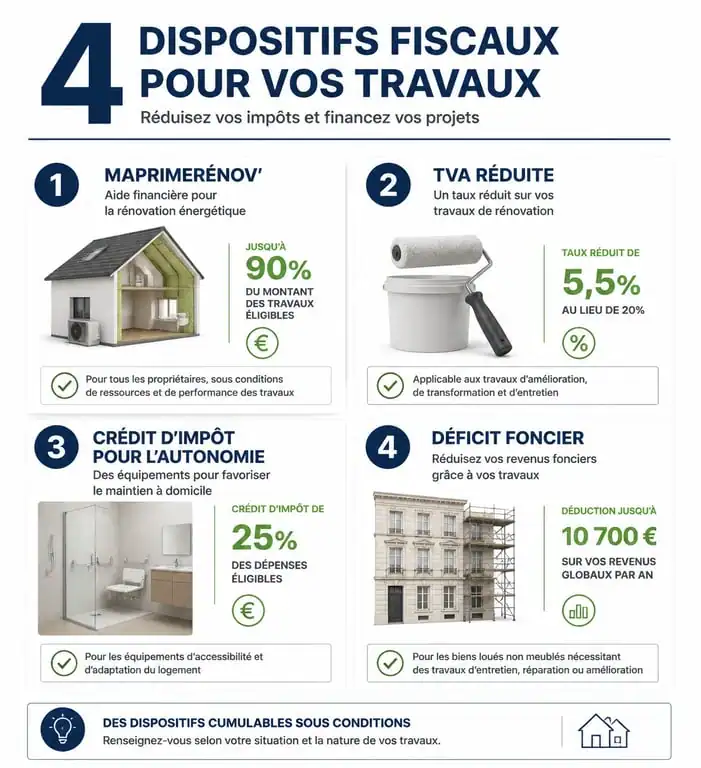 Infographie des dispositifs fiscaux pour les travaux maison et rénovation