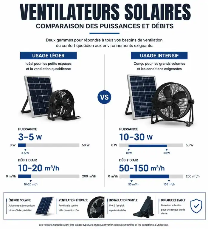 Tableau comparatif des puissances et débits pour choisir son ventilateur panneau solaire