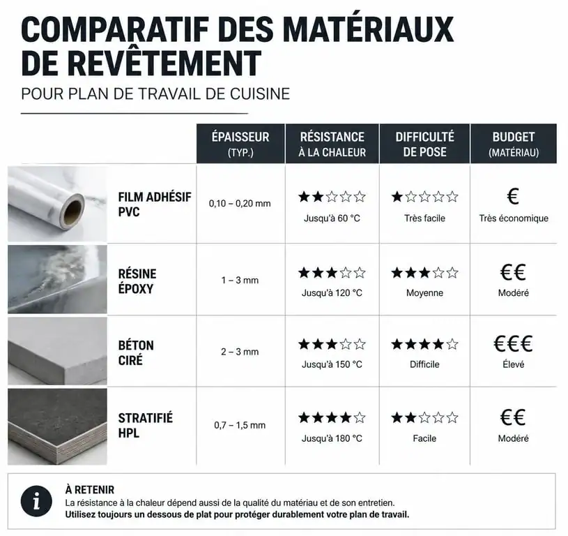 Tableau comparatif des matériaux de revêtement de plan de travail cuisine : film adhésif, résine, béton ciré et stratifié.