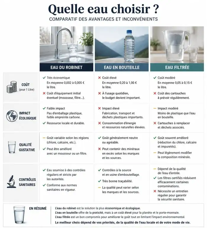 Infographie comparative eau du robinet, eau en bouteille et eau filtrée pour évaluer les inconvénients de l'eau du robinet