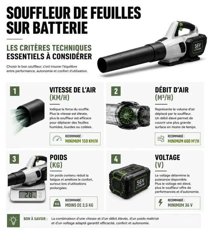 Infographie des critères techniques pour choisir le meilleur souffleur sur batterie