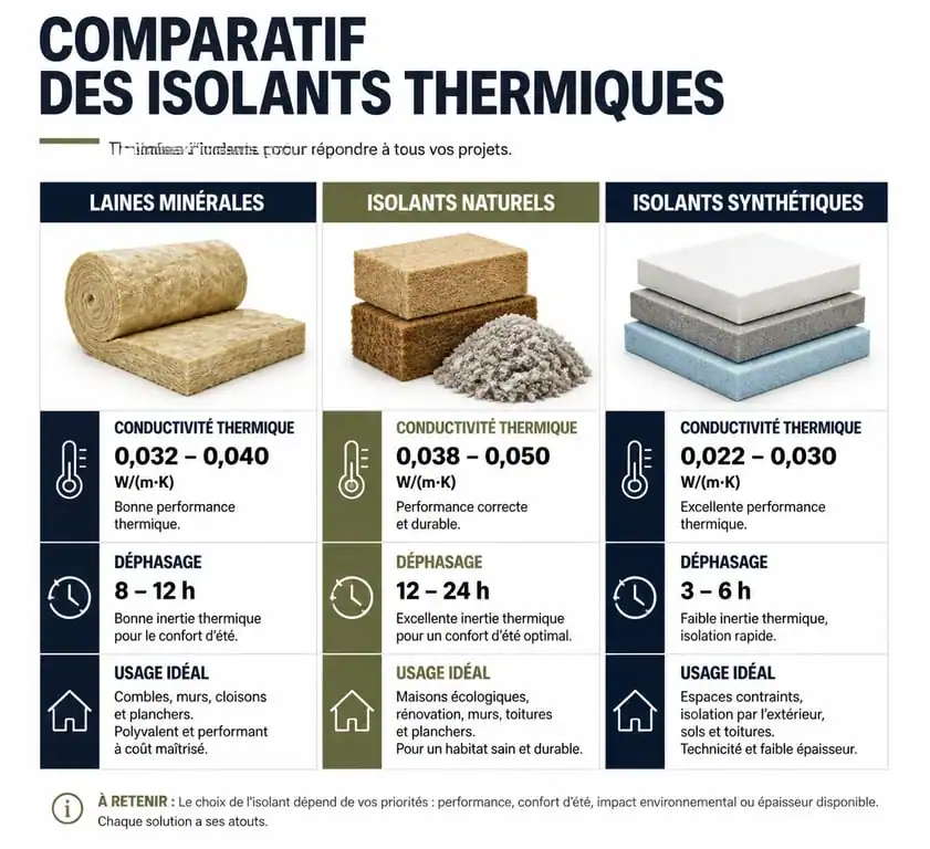 Comparatif des performances des isolants thermiques : laines minérales, biosourcés et synthétiques pour choisir le meilleur isolant thermique.