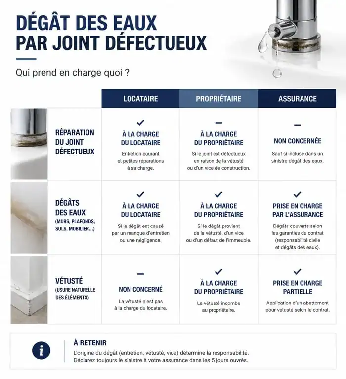 Infographie répartition responsabilités dégât des eaux joint défectueux assurance